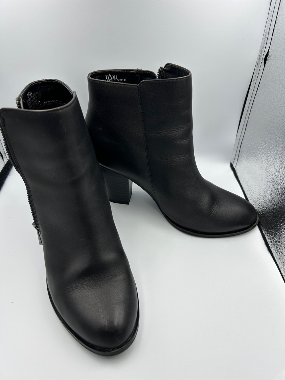 Taxi - Abby 01, Black Leather Ankle Boots - Sleek Block Heel